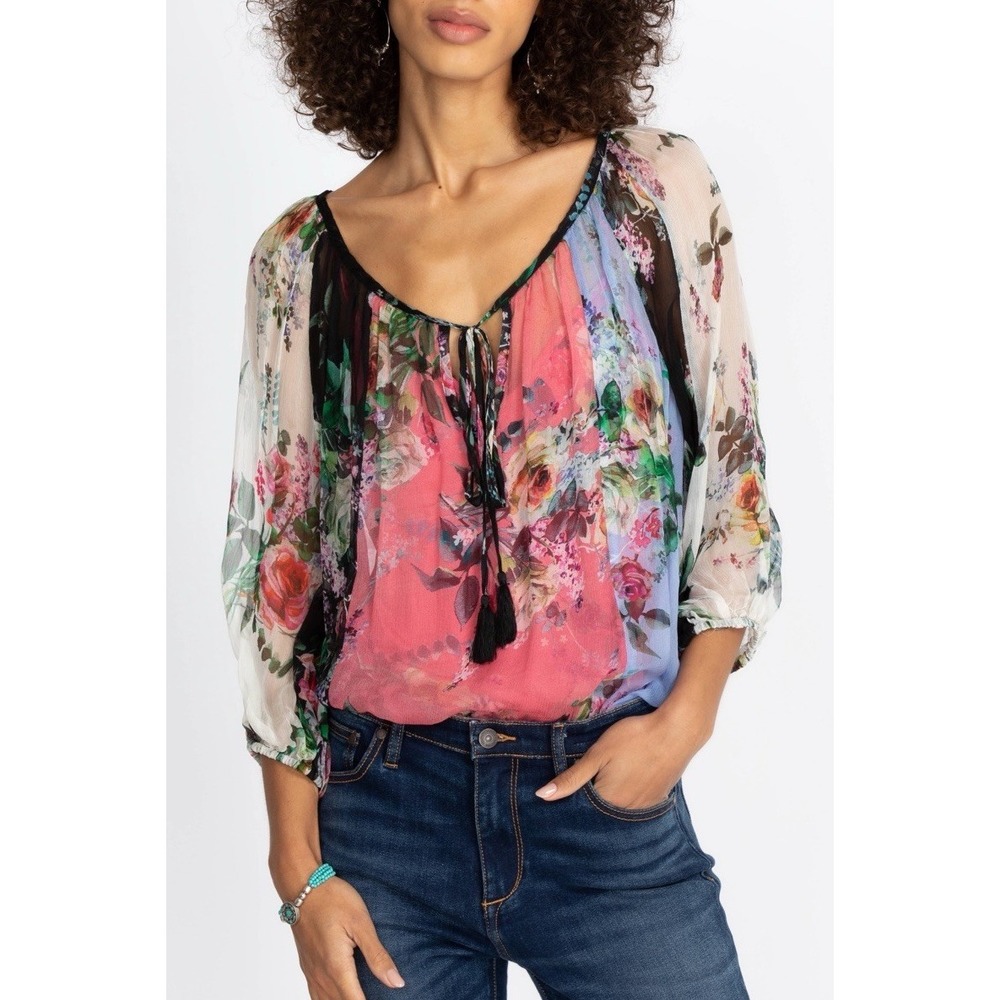 Johnny Was Gisele Peasant Floral Top Silk Crinkle Chiffon Boho Sz M / L (approx)